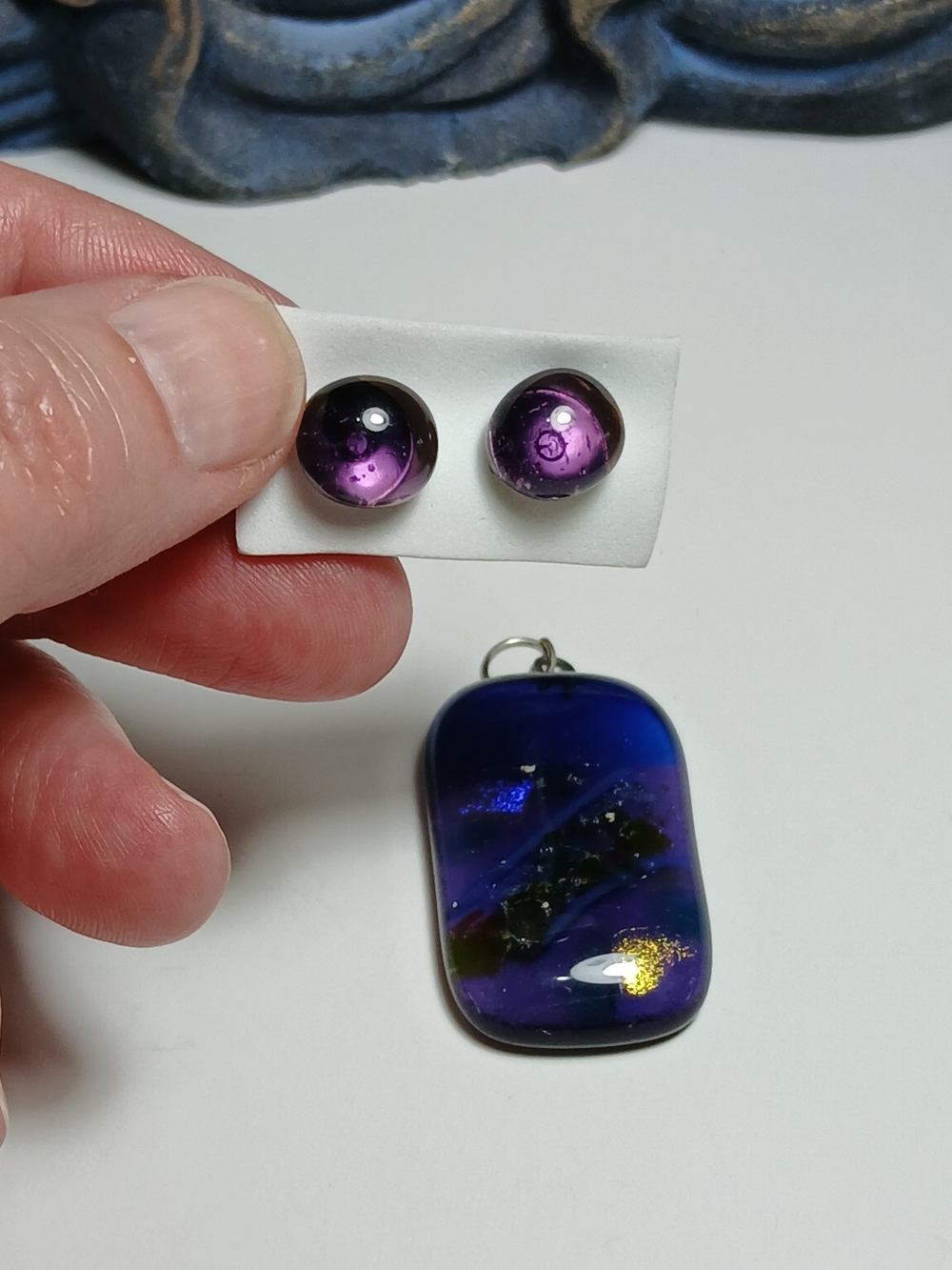 Handmade In Yucatan Mex - Purple Glass Dome Earrings and Fused Glass Pendant